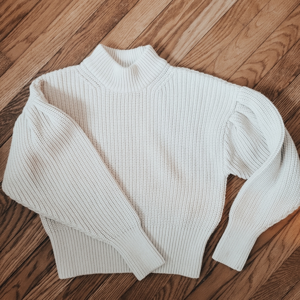 H&M Mock Neck Balloon Sleeve Knit Cream Sweater Size XXS